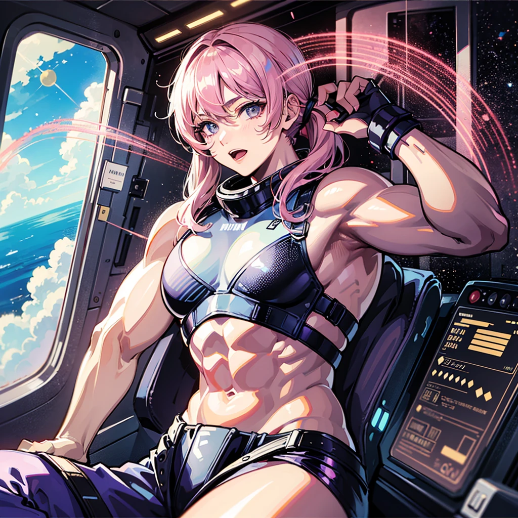 (((masterpiece、Highest image quality、highest quality、highly detailed unity 8kwallpaper)))、((Illustration of one adult))、((25 years old))、(pilot)、(((Beautiful girl with a beautiful face、The body is a man)))、(((Twintails with pink hair)))、Light gray eyes、((tall))、((Muscular strong man's body))、((Muscular strong man's body、solid chest、muscular chest plate、abs、muscular and thick arms、muscular and thick legs))、(((白いpilotスーツ)))、((manspreading、Sitting in the cockpit))、((space fighter cockpit、The Universe on the Monitor、Earth seen from space))
