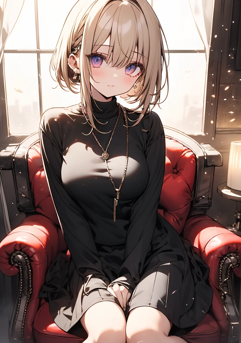 masterpiece, absurdres, best quality, ultra detailed, high Resolution, detailed illustration, extremely beautiful detailed face and eyes, bright colour, 1girl, (loli), cute face, Delicate beautiful face, magenta eyes, cute eyes, sparkling eyes, big eyes, medium breasts, (perky breasts:1.1), (pointy breasts:1.1), medium hips, glamorous body, white skin, surprise, BREAK, long bob cut, (blonde hair:0.8), messy hair, detailed hair, shiny hair, BREAK sweater, long skirt, tiny ribbon, stove, sitting chair, living, real world, natural lights, perfect lighting,