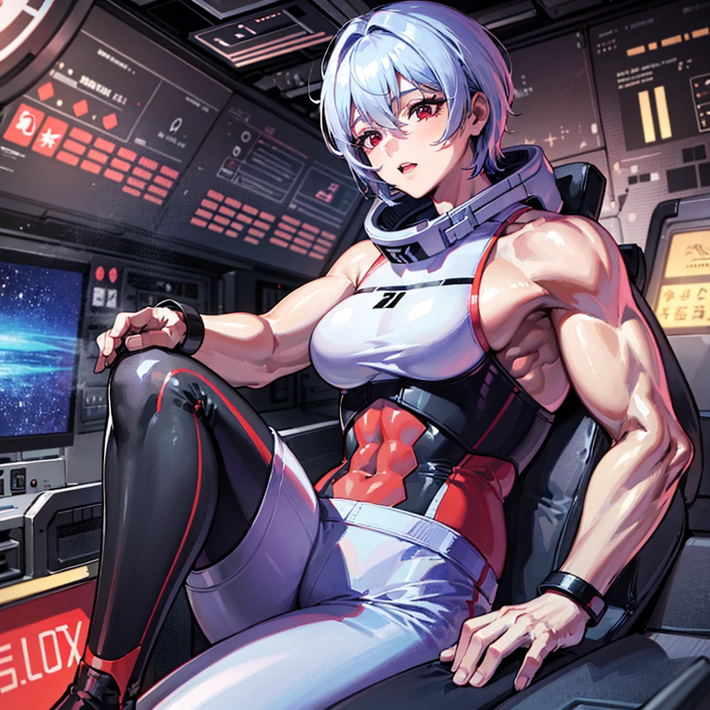 （（（masterpiece、Highest image quality、highest quality、highly detailed unity 8ｋwallpaper）））、（（Illustration of one girl））、（pilot）、（（（blue silver short hair）））、Red eyes、（（tall））、（（（Muscle Girl、Muscular and strong body、abs、muscular and thick arms、muscular and thick legs、stocky build、muscular legs、broad shoulders））））、（（（白いpilotスーツ）））、（（manspreading、Sitting in the cockpit、armpit））、（（space fighter cockpit、The Universe on the Monitor、Earth seen from space））