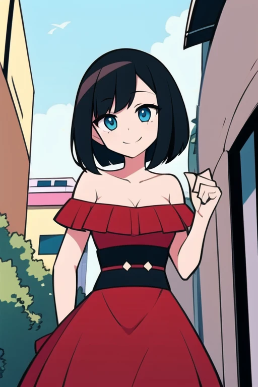 1 girl, Solo, Teenage, Black hair, Short black hair, Medium Hair, Bob Hair, Blue eyes, Strapless, Red Flamenco Dress, Red Ruffle Off-the-Shoulder Top,  Flamenco dancer, Smile, the Mexican city street, Sexy, masterpiece, High quality.