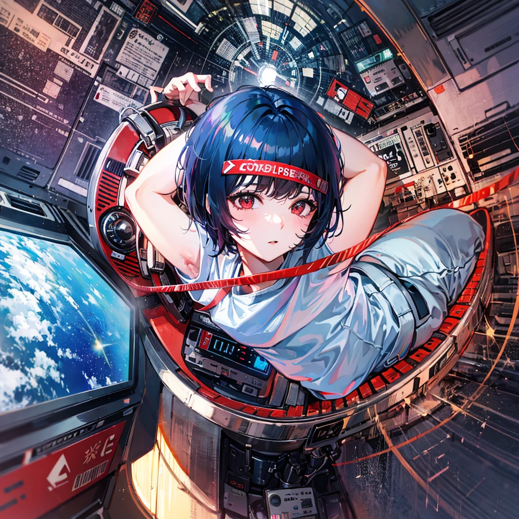 (((masterpiece、Highest image quality、highest quality、highly detailed unity 8kwallpaper)))、((Illustration of one girl))、(pilot)、(((blue silver short hair)))、Red eyes、((tall))、(((Muscle Girl、Muscular and strong body、abs、muscular and thick arms、muscular and thick legs、stocky build、muscular legs、broad shoulders))))、(((白いpilotスーツ)))、((manspreading、Sitting in the cockpit、armpit))、((space fighter cockpit、The Universe on the Monitor、Earth seen from space))
