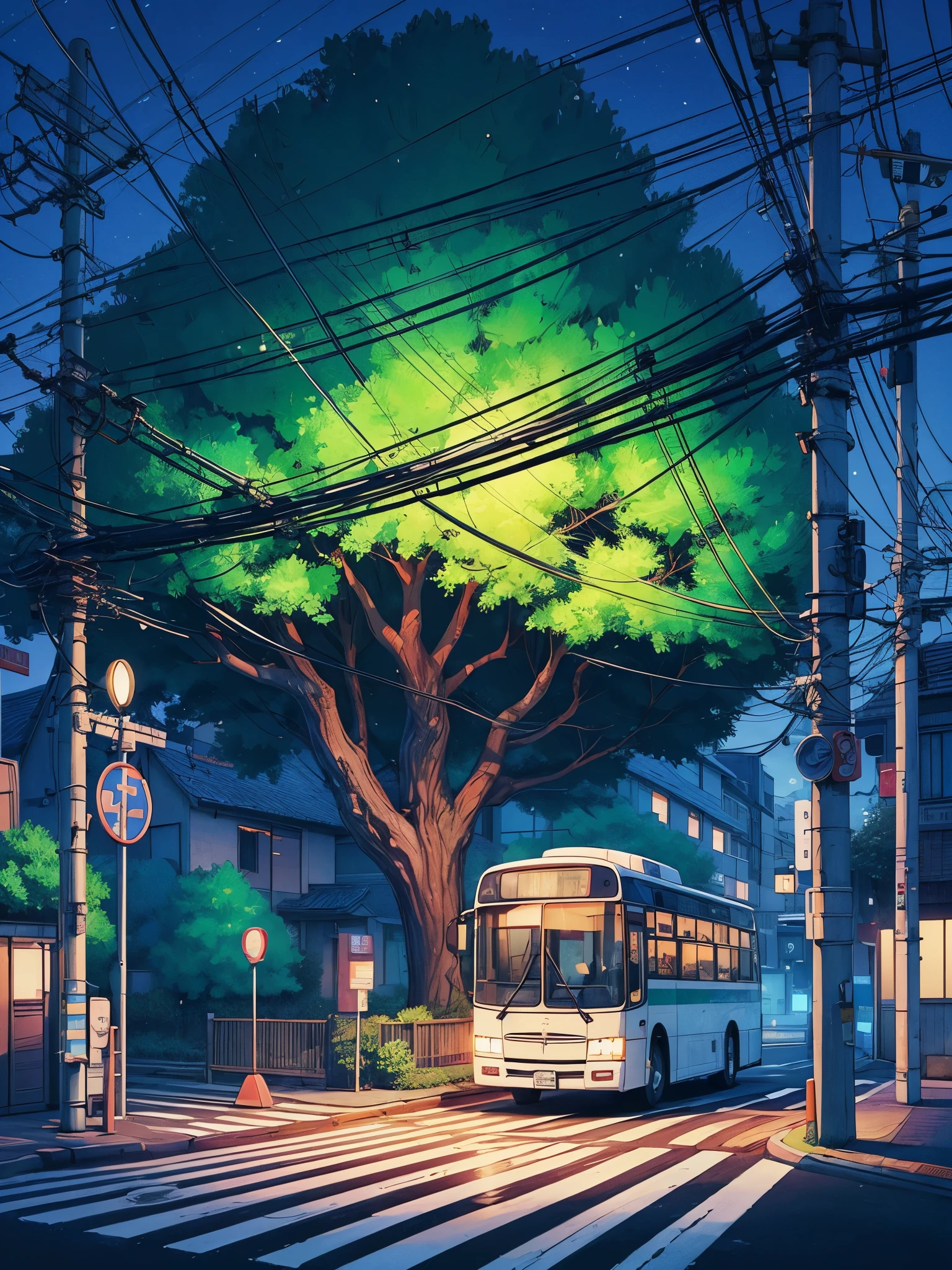 Draw a digital anime simple art scene of white bus passing below a American elm Tree surrounded with wires and poles, zebra crossing, late evening, street light, no humans and cattle, vibrant color tones, dim light