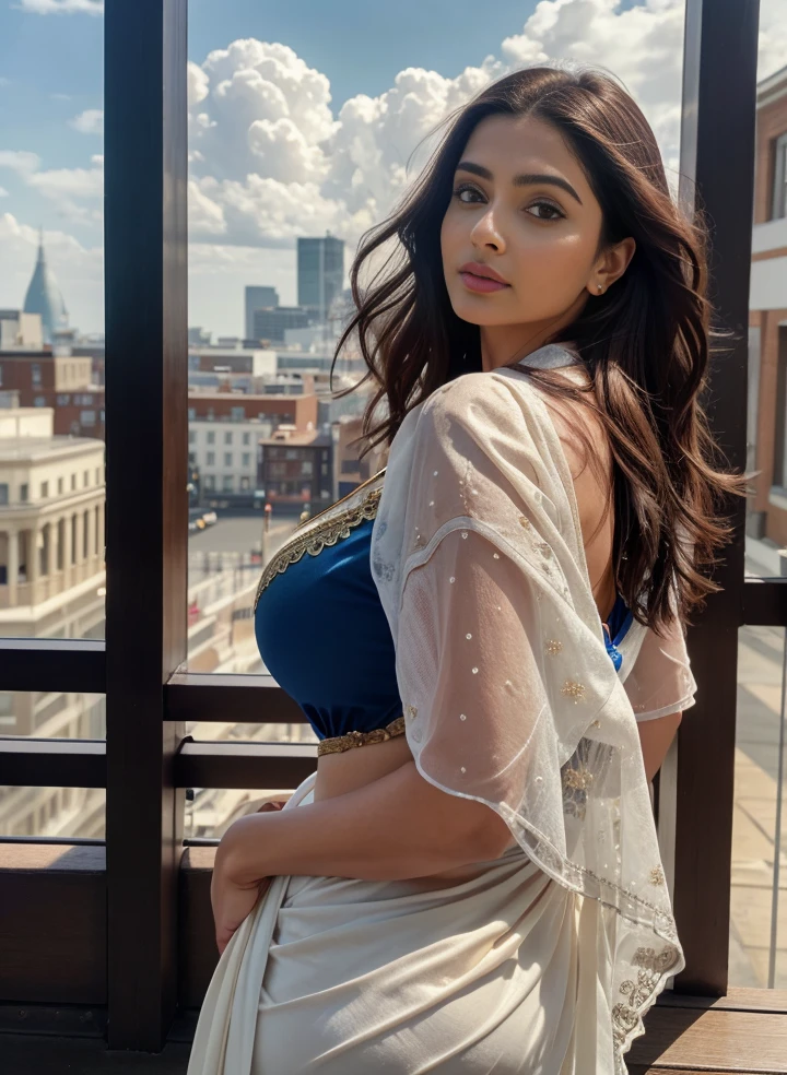cowboy shot scenic professional photograph of RAW photo, photorealistic, [:intricate details:0.3], best quality, photo of beautiful Aishwarya Rai Bachchan Indian actress 45y old woman, with brown hair, detailed skin, (like a plus size:1.1), (beautiful round shape breasts:1.1), (big ass:1.1), ( white, red, blue, color saree with blouse), 1girl, graceful body structure, from front, looking at viewer, cowboy shot, in outdoor London town city, natural color, perfect viewpoint, highly detailed, wide-angle lens, hyper realistic, with dramatic sky, polarizing filter, natural lighting, vivid colors, everything in sharp focus, HDR, UHD, 64K Photorealistic, Hyperrealistic, Hyperdetailed, analog style, detailed skin, matte skin, soft lighting, subsurface scattering, realistic, heavy shadow, masterpiece, best quality, ultra realistic, 8k, golden ratio, Intricate, High Detail, film photography, soft focus