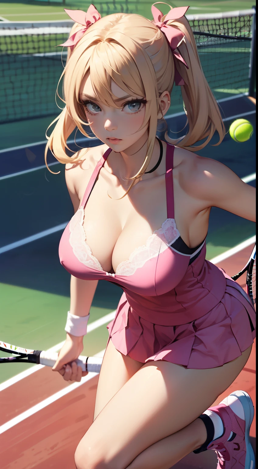 Blonde long twin tail hairstyle, big breasts same, There is a cleavage in the chest, (((Detailed tennis wear in pink color))), (Full body Esbian)､tennis court、ribbon、Low - Angle､、serious face、Dynamism、tennis pro、Nice､accurate depiction、High resolution、(black detailed lace lingerie)，(I can see the lingerie)、detailed poses、ideal style、lift the skirt、ergonomically suitable，detailed racket，One racket