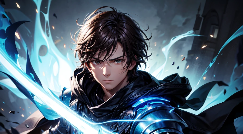 Full HD 8k, best quality,ultra-detailed,realistic:1.37,portrait,dark fantasy,anime,solo leveling,heroic character, one boy,Brown eyes, Brown hair, overcoat with hood, most epic scene, sharp focus,magical powers,mysterious aura,dynamic pose,threatening expression,glowing eyes,demonic presence,grim reaper cloak,detailed armor,enchanted weapon,dark background,eerie lighting,blue color palette,smoke effects,action scene,high contrast,fluid brush strokes,masterpiece:1.2
