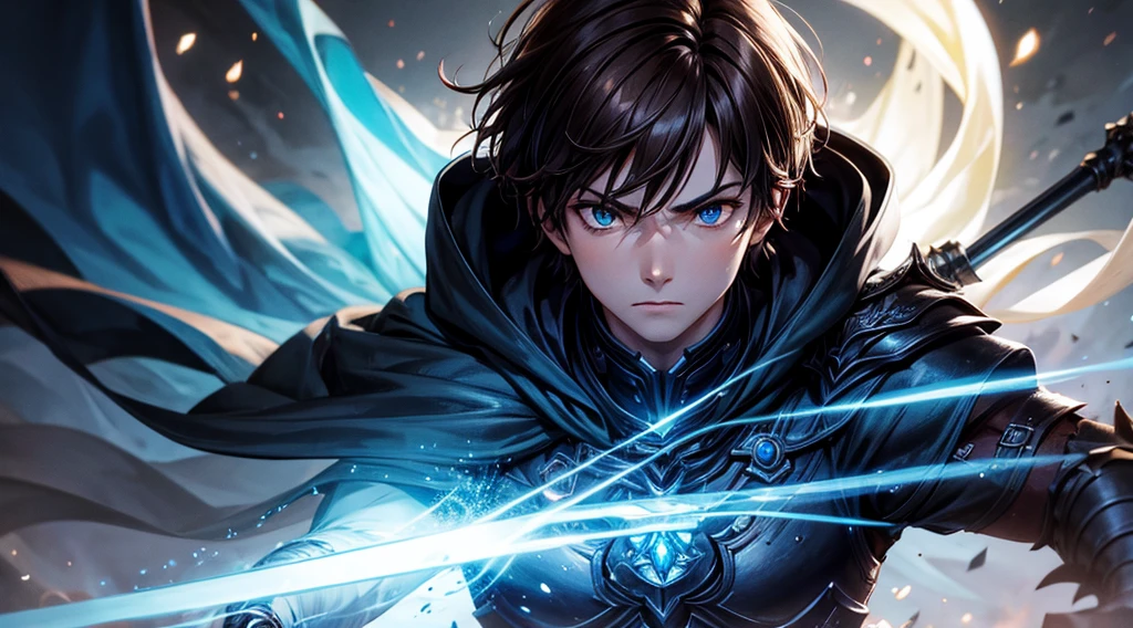 Full HD 8k, best quality,ultra-detailed,realistic:1.37,portrait,dark fantasy,anime,solo leveling,heroic character, one boy,Brown eyes, Brown hair, overcoat with hood, most epic scene, sharp focus,magical powers,mysterious aura,dynamic pose,threatening expression,glowing eyes,demonic presence,grim reaper cloak,detailed armor,enchanted weapon,dark background,eerie lighting,blue color palette,smoke effects,action scene,high contrast,fluid brush strokes,masterpiece:1.2