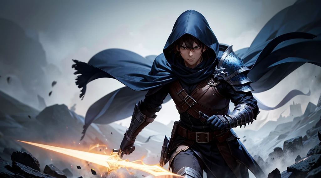 Full HD 8k, best quality,ultra-detailed,realistic:1.37,portrait,dark fantasy,anime,solo leveling,heroic character, one boy,Brown eyes, Brown hair, overcoat with hood, most epic scene, sharp focus,magical powers,mysterious aura,dynamic pose,threatening expression,glowing eyes,demonic presence,grim reaper cloak,detailed armor,enchanted weapon,dark background,eerie lighting,blue color palette,smoke effects,action scene,high contrast,fluid brush strokes,masterpiece:1.2