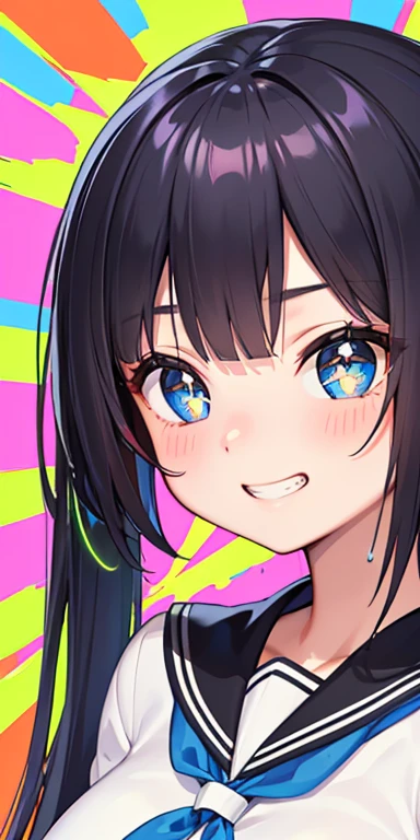 baby face, (colorful fluorescence multicolored  hair:1.5,short twintails:1.5,messy hair), (masterpiece, sidelights, exquisite beautiful eyes: 1.5), masterpiece*portrait, realistic, {(Colorful splash background of different colors:1.5)},colorful,3D face,(cute face),front view: 1.6、 (glowing blue eyes:1.2),plump face:1.5,(tareme:1.5)、(grin:1.2),Rosy Mouth,Slim Body, shiny hair, shiny skin: 1.5、medium breasts,、solo,(stand)、(high school girl,school uniform)、(charactor focus:1.5、portlate:1.5、eye focus:1.5,upper body),star-shaped pupils,(My eyes are sparkling:1.5)