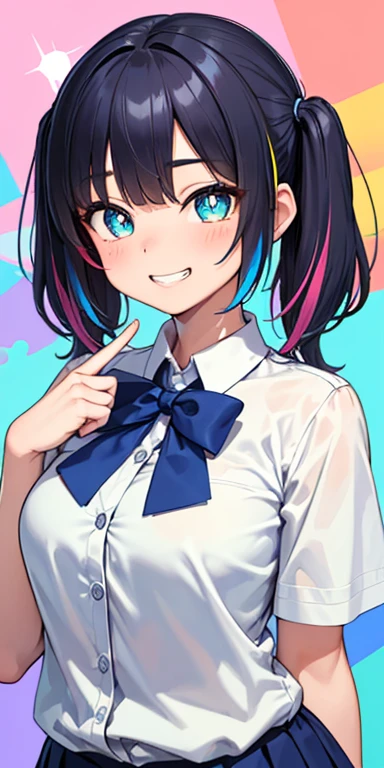 , (colorful fluorescence multicolored hair:1.5,short twintails:1.5,messy hair), (masterpiece, sidelights, exquisite beautiful eyes: 1.5), masterpieceportrait, realistic, {(Colorful splash background of different colors:1.5)},colorful,3D face,(cute face),front view: 1.6、 (glowing blue eyes:1.2),plump face:1.5,(tareme:1.5)、(grin:1.2),Rosy Mouth,Slim Body, shiny hair, shiny skin: 1.5、medium breasts,、solo,(stand)、(high school girl,school uniform)、(charactor focus:1.5、portlate:1.5、eye focus:1.5,upper body),star-shaped pupils:1.5,(My eyes are sparkling:1.5)