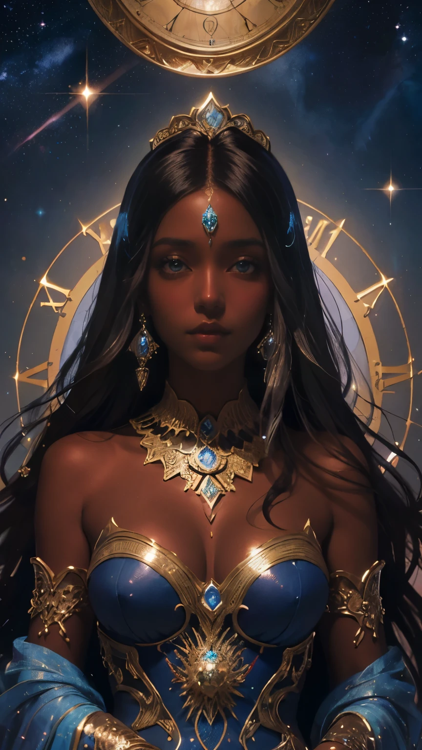 Pino Daeni, (1golden filigree clock), ((beautiful black Ethiopian woman ))clear defined facial features, soft black hair, stunning brown eyes, attractive hourglass figure, fitted blue sheer wrap dress, celestial, astrotraveler, painted illustrations, (((dark cinnamon brown skintone))), sparkling stars in a dark blue galaxy, ornate masterpiece, Korean comic realism, cinematic, crystallography by Friedrich Haag, medium camera shot, high angle, tessellation by Maurits Cornelis Escher, zodiak, intricate details, depth of field, by Kay Nielsen, Diane Dillon, Julie de Graag, vibrant night sky colors, nightcore, femme fatale, 16K, best quality