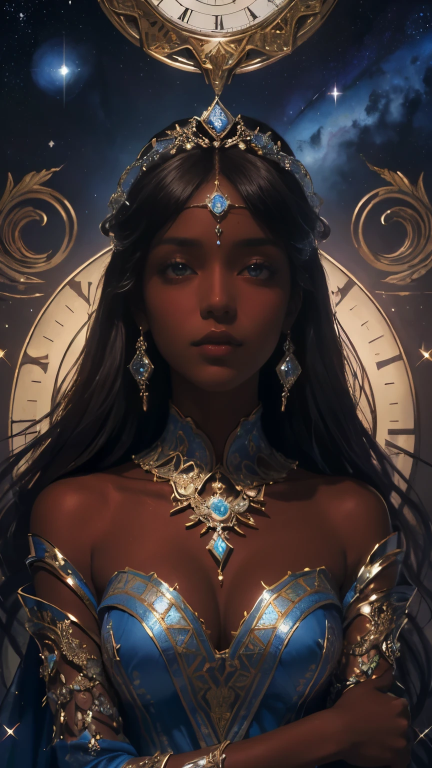 Pino Daeni, (1golden filigree clock), ((beautiful black Ethiopian woman ))clear defined facial features, soft black hair, stunning brown eyes, attractive hourglass figure, fitted blue sheer wrap dress, celestial, astrotraveler, painted illustrations, (((dark cinnamon brown skintone))), sparkling stars in a dark blue galaxy, ornate masterpiece, Korean comic realism, cinematic, crystallography by Friedrich Haag, medium camera shot, high angle, tessellation by Maurits Cornelis Escher, zodiak, intricate details, depth of field, by Kay Nielsen, Diane Dillon, Julie de Graag, vibrant night sky colors, nightcore, femme fatale, 16K, best quality 