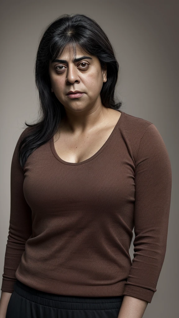 there is a woman with a red shirt and khaki capri pants, this person does not exist, 30 years old, skeptical expression, latina, tomboy, ugly, poor skin, frumpy, out of shape, dull flat neck length black hair, short round body, genghis khan-gurinder chadha-mara wilson-sophie marceau merged, entire body visible, full body, hyperrealistic, best quality, 8K, real human skin, masterpiece, extremely intricate, medium closeup, detailed eyes, detailed face, detailed body, exaggerated features, pronounced features