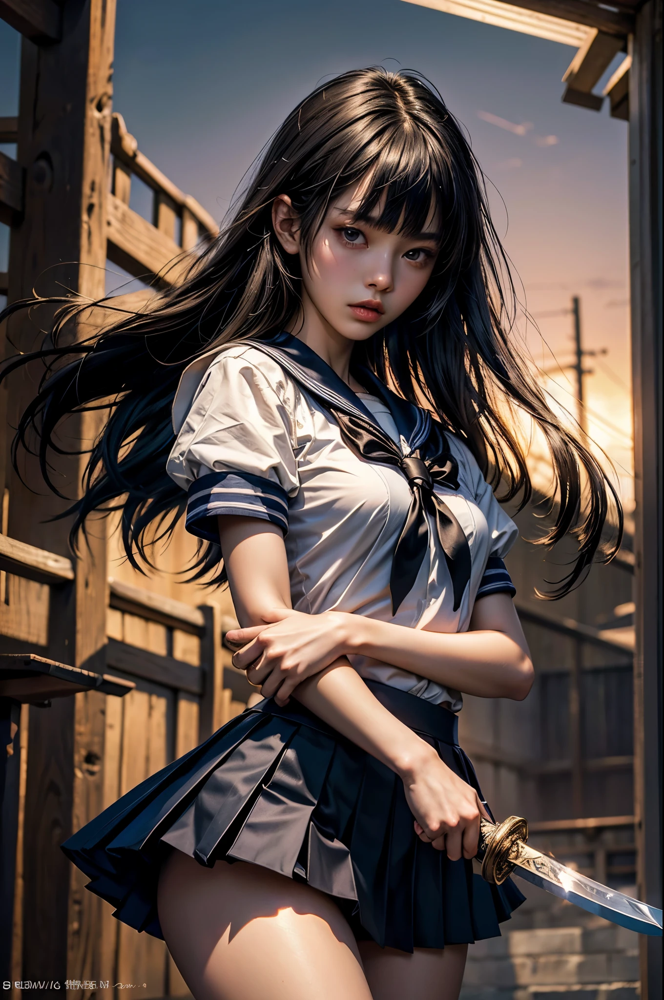 (masterpiece, top quality, best quality, official art, beautiful and aesthetic), extreme detailed,colorful,highest detailed,(1girl,solo),18 year old beauty、Japanese、woman swordsman、black hair,long hair,blunt bangs,black eyes,skinny,(slender body,small breasts),(School uniform、sailor suit、pleated mini skirt、holding a Japanese sword、precisely drawn sword、