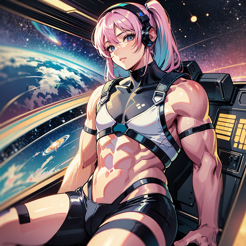 （（（masterpiece、Highest image quality、highest quality、highly detailed unity 8ｋwallpaper）））、（（Illustration of one adult））、（（25 years old））、（pilot）、（（（Beautiful girl with a beautiful face、The body is a man）））、（（（Twintails with pink hair）））、Light gray eyes、（（tall））、（（Muscular strong man's body））、（（Muscular strong man's body、solid chest、muscular chest plate、abs、muscular and thick arms、muscular and thick legs））、（（（白いpilotスーツ）））、（（manspreading、Sitting in the cockpit））、（（space fighter cockpit、The Universe on the Monitor、Earth seen from space））