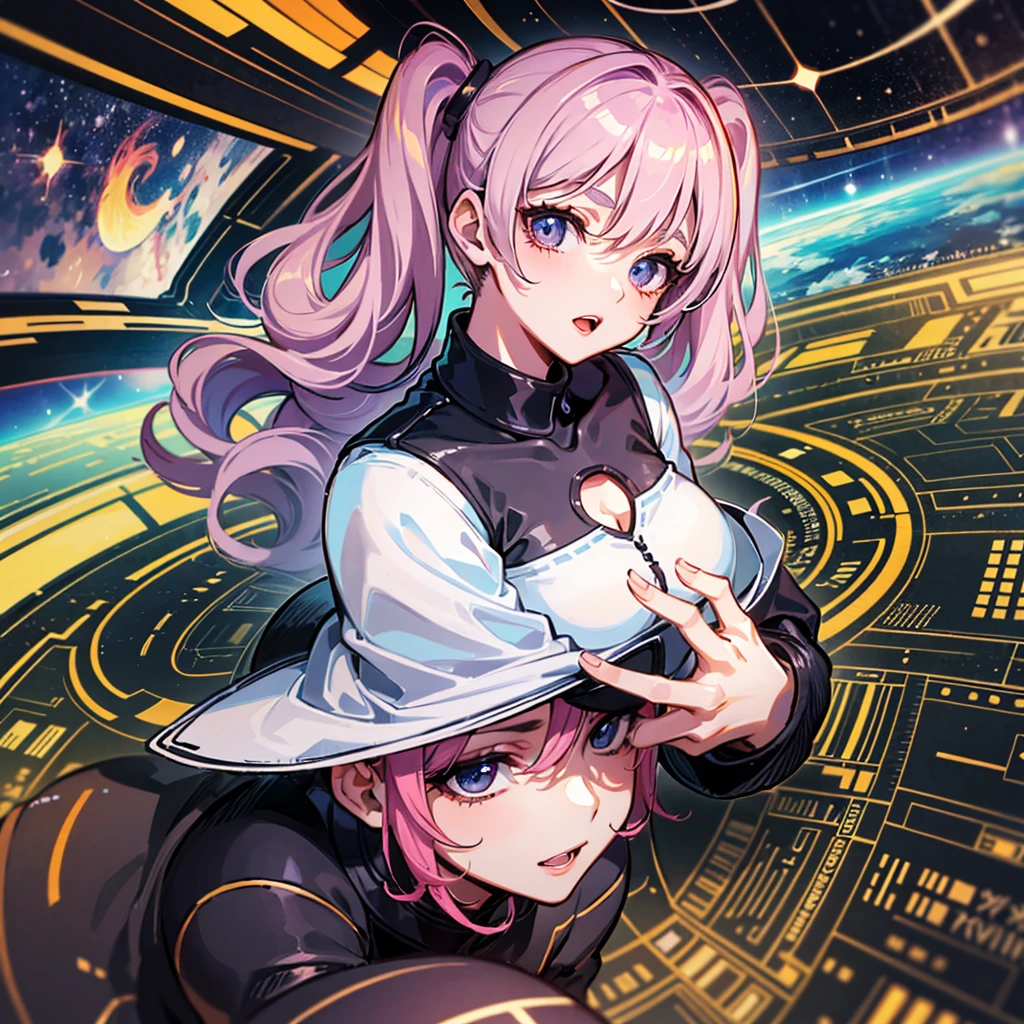 (((masterpiece、Highest image quality、highest quality、highly detailed unity 8kwallpaper)))、((Illustration of one adult))、((25 years old))、(pilot)、(((Beautiful girl with a beautiful face、The body is a man)))、(((Twintails with pink hair)))、Light gray eyes、((tall))、((Muscular strong man's body))、((Muscular strong man's body、solid chest、muscular chest plate、abs、muscular and thick arms、muscular and thick legs))、(((白いpilotスーツ)))、((manspreading、Sitting in the cockpit))、((space fighter cockpit、The Universe on the Monitor、Earth seen from space))