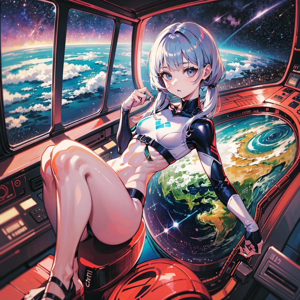 (((masterpiece、Highest image quality、highest quality、highly detailed unity 8kwallpaper)))、((Illustration of one adult))、((25 years old))、(pilot)、(((Beautiful girl with a beautiful face、The body is a man)))、(((Twintails with pink hair)))、Light gray eyes、((tall))、((Muscular strong man's body))、((Muscular strong man's body、solid chest、muscular chest plate、abs、muscular and thick arms、muscular and thick legs))、(((白いpilotスーツ)))、((manspreading、Sitting in the cockpit))、((space fighter cockpit、The Universe on the Monitor、Earth seen from space))