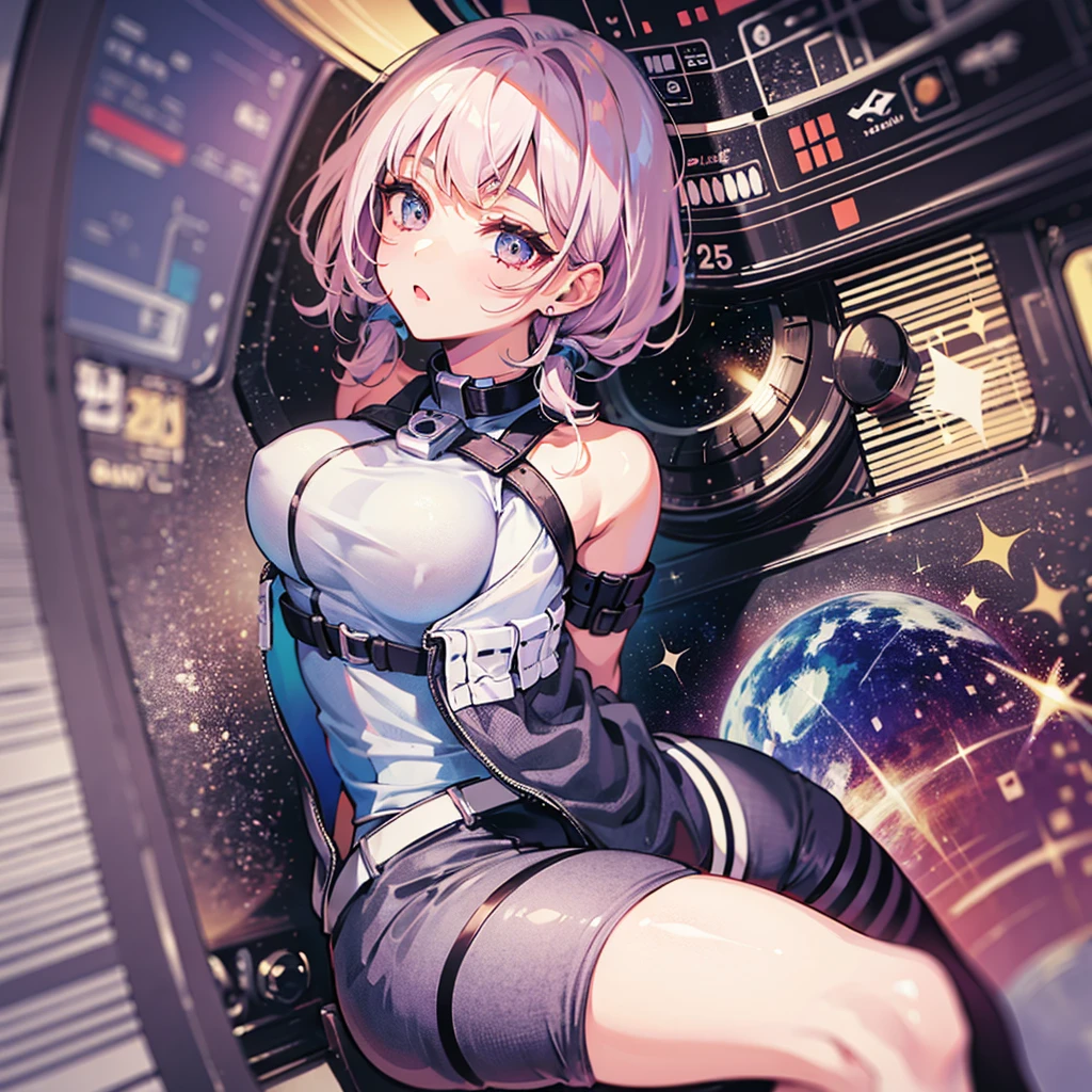 (((masterpiece、Highest image quality、highest quality、highly detailed unity 8kwallpaper)))、((Illustration of one adult))、((25 years old))、(pilot)、(((Beautiful girl with a beautiful face、The body is a man)))、(((Twintails with pink hair)))、Light gray eyes、((tall))、((Muscular strong man's body))、((Muscular strong man's body、solid chest、muscular chest plate、abdominals、muscular and thick arms、muscular and thick legs))、(((白いpilotスーツ)))、((manspreading、Sitting in the cockpit))、((space fighter cockpit、The Universe on the Monitor、Earth seen from space))
