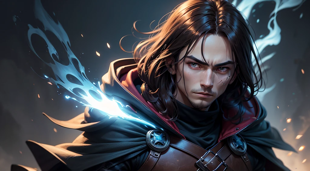 best quality,ultra-detailed,realistic:1.37,portrait,dark fantasy,anime,solo leveling,heroic character, one boy,Brown eyes, Brown hair, overcoat with hood, sharp focus,magical powers,mysterious aura,dynamic pose,threatening expression,glowing eyes,demonic presence,grim reaper cloak,detailed armor,enchanted weapon,dark background,eerie lighting,blue color palette,smoke effects,action scene,high contrast,fluid brush strokes,masterpiece:1.2