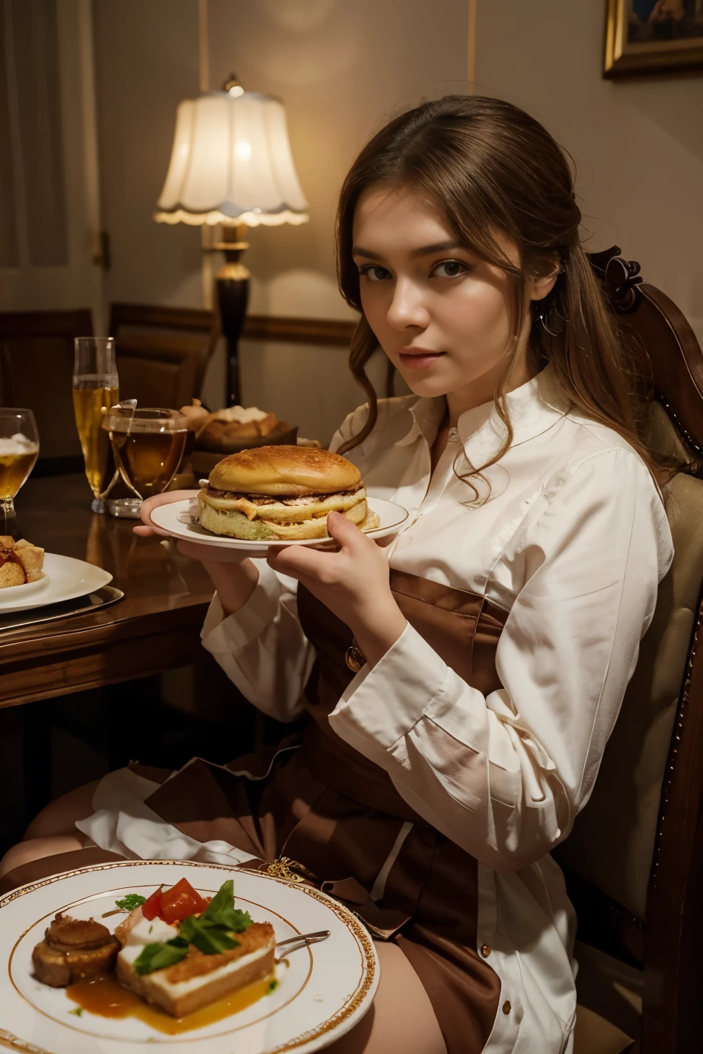 there is a woman sitting in a chair with a plate of food, a portrait by Maksimilijan Vanka, flickr, dau-al-set, anna nikonova, alina ivanchenko, marina federovna, moleksandra shchaslyva, ekaterina, anastasia ovchinnikova, angelina stroganova, yelena belova