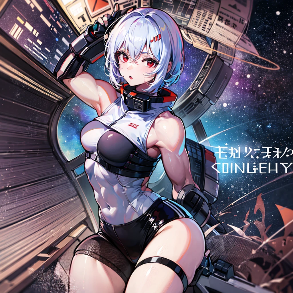 (((masterpiece、Highest image quality、highest quality、highly detailed unity 8kwallpaper)))、((Illustration of one girl))、(pilot)、(((blue silver short hair)))、Red eyes、((tall))、(((Muscle Girl、Muscular and strong body、abs、muscular and thick arms、muscular and thick legs、stocky build、muscular legs、broad shoulders))))、(((白いpilotスーツ)))、((manspreading、Sitting in the cockpit、armpit))、((space fighter cockpit、The Universe on the Monitor、Earth seen from space))
