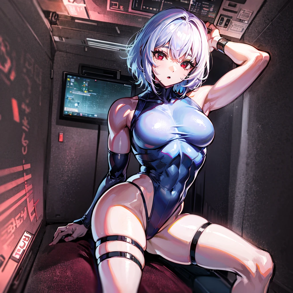 (((masterpiece、Highest image quality、highest quality、highly detailed unity 8kwallpaper)))、((Illustration of one girl))、(pilot)、(((blue silver short hair)))、Red eyes、((tall))、(((Muscle Girl、Muscular and strong body、abs、muscular and thick arms、muscular and thick legs、stocky build、muscular legs、broad shoulders))))、(((白いpilotスーツ)))、((manspreading、Sitting in the cockpit、armpit))、((space fighter cockpit、The Universe on the Monitor、Earth seen from space))