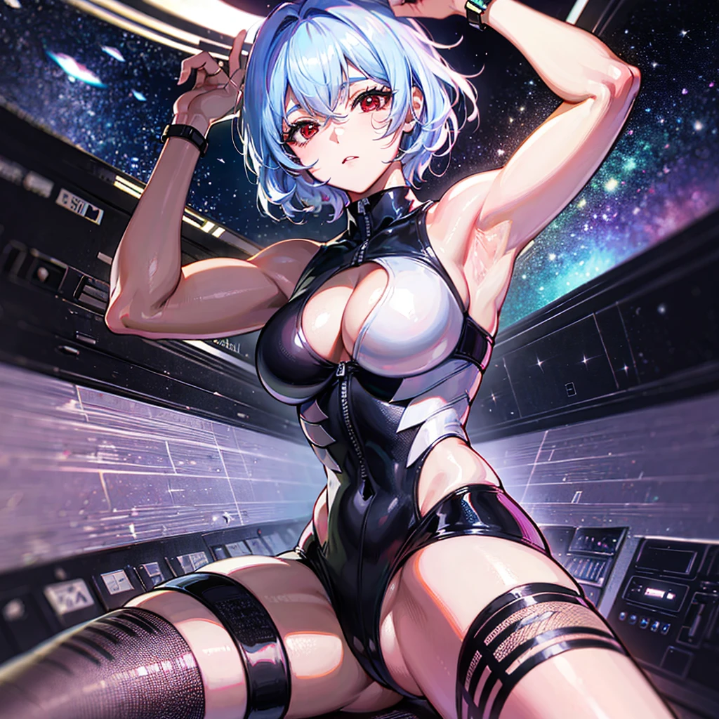 (((masterpiece、Highest image quality、highest quality、highly detailed unity 8kwallpaper)))、((Illustration of one girl))、(pilot)、(((blue silver short hair)))、Red eyes、((tall))、(((Muscle Girl、Muscular and strong body、abs、muscular and thick arms、muscular and thick legs、stocky build、muscular legs、broad shoulders))))、(((白いpilotスーツ)))、((manspreading、Sitting in the cockpit、armpit))、((space fighter cockpit、The Universe on the Monitor、Earth seen from space))