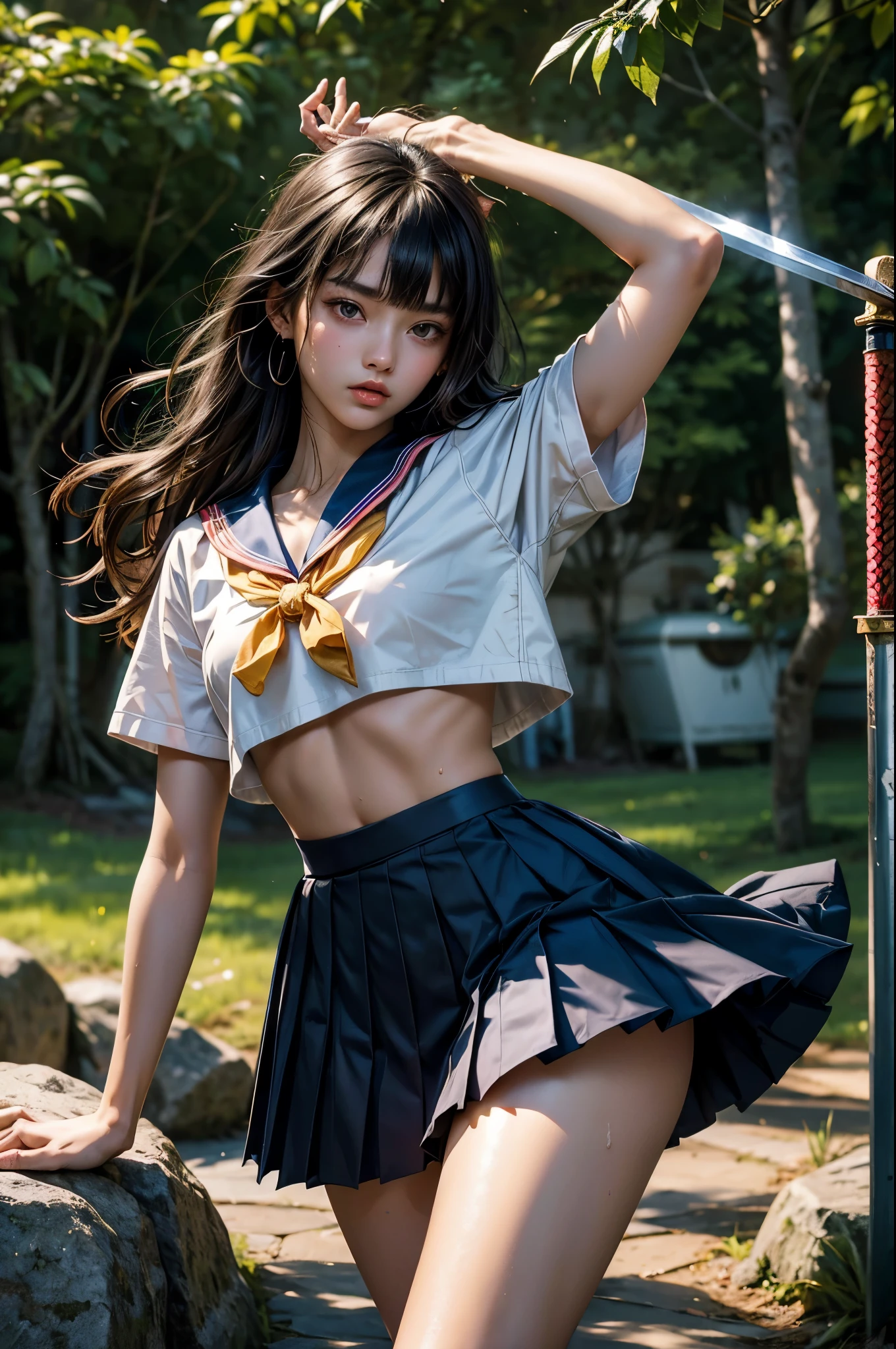 (nsfw),(masterpiece, top quality, best quality, official art, beautiful and aesthetic),  extreme detailed,colorful,highest detailed,(1girl,solo),18 year old beauty、Japanese、woman swordsman、black hair,long hair,blunt bangs,black eyes,teareul:1.3,(skinny,slender body,small breasts,sweat:1.4),(torn clothes:1.3,School uniform、sailor suit、pleated mini skirt),kneeling、holding a Japanese sword、Precisely drawn Japanese sword、