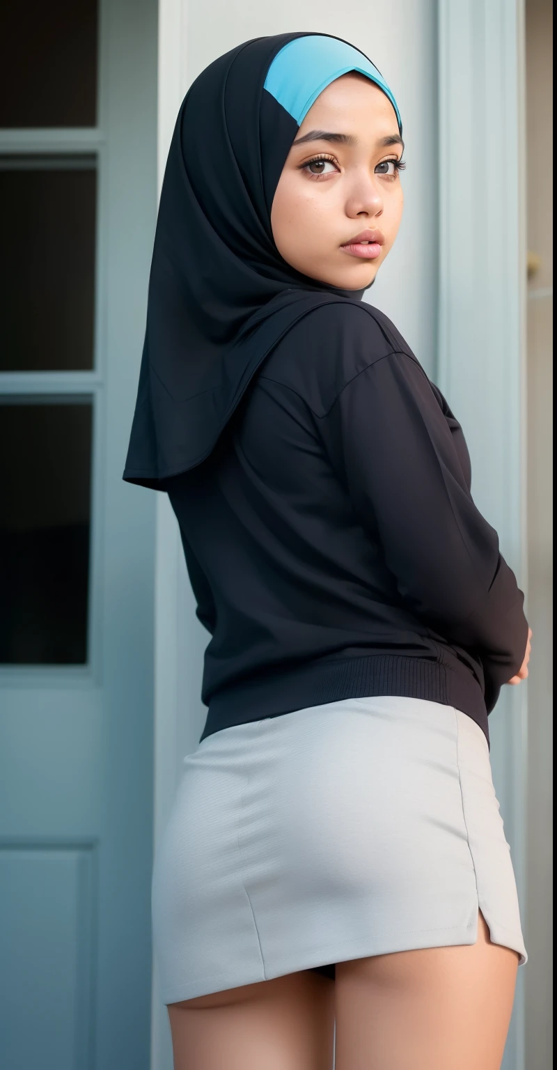((HIJAB MALAY GIRL)), ((masutepiece, Best Quality, hight resolution, nffsw, Perfect Pixel, 4K, nffsw, nffsw))), (The wind flipped my tigh mini skirt and exposed my butt), Dark skin girl, Flat Chest