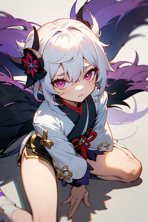 anime character with chocolate coloring hair and purple-pink eyes sitting on a white surface, white haired deity, onmyoji portrait, genshin impact, heise jinyao, onmyoji, shadow hair, genshin impact character, white haired, genshin, fus rei, loong, original character, shorts hair.