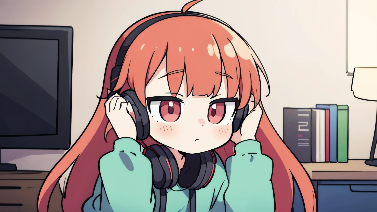 there is a woman sitting on the chair with headphones on her head listening to music, photo taken in the bedroom, digital anime illustration, portrait of Lofi , 4k anime style, girl wearing headphones on her head , Praise Artstyle, with headphones on her head, anime style. 8k, wearing headphones on head, anime illustration style, lofi girl, listening to music, headphones on head, high quality portrait, realistic art style, fanart girl, anime portrait style, cozy room, redhead
