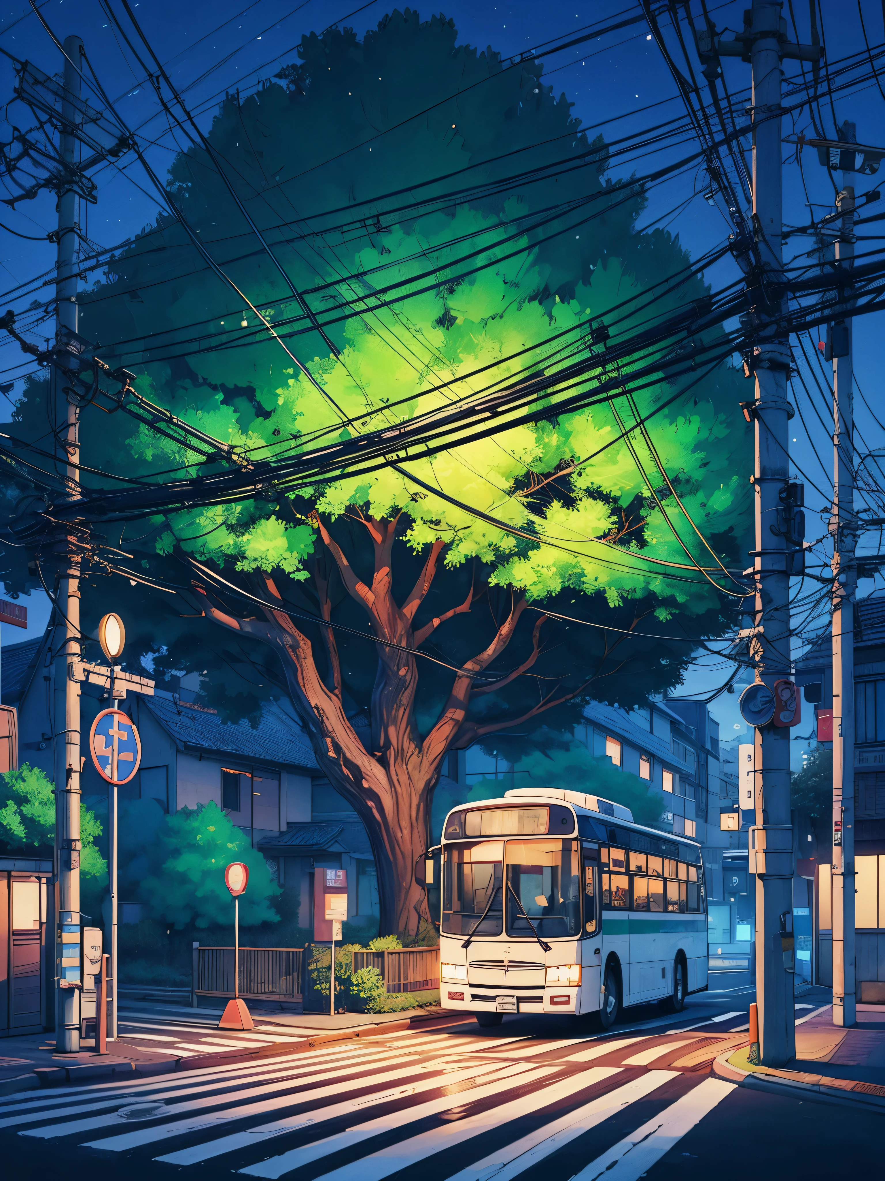 Draw a digital anime simple art scene of white bus passing below a American elm Tree surrounded with wires and poles, zebra crossing, late evening, street light, no humans and cattle, vibrant color tones, dim light