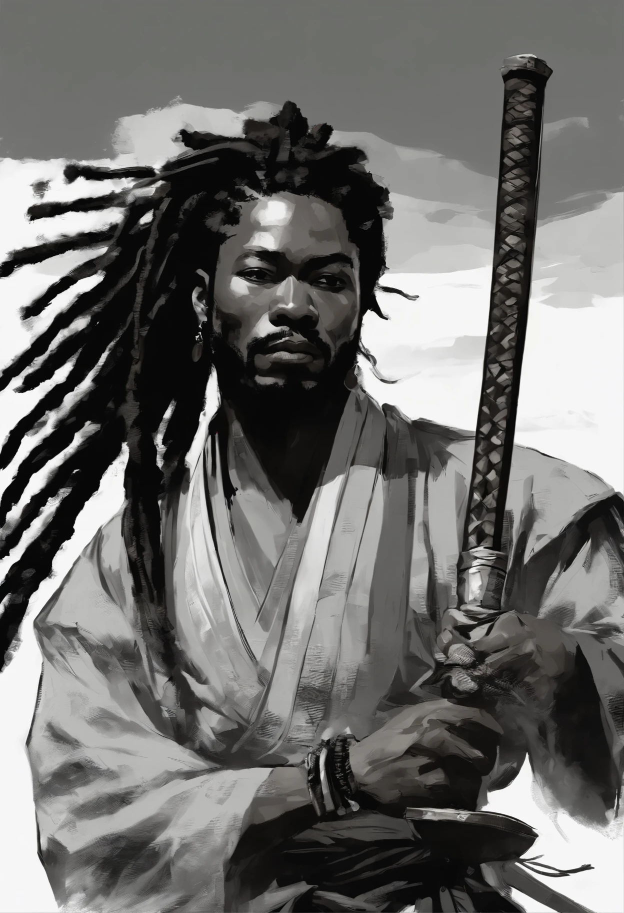 an image of Yasuke o primeiro samurai negro com dreadlocks empunhando uma katana, Nenhum estilo de Russ Mills, Michael Garmash, charming sketches, mono-ha, Contemporary Asian art, Lilia Alvarado, Pincelada concisa --AR 69:128 --s 750 --V 5. 2, pinceladas nas cores do reggae