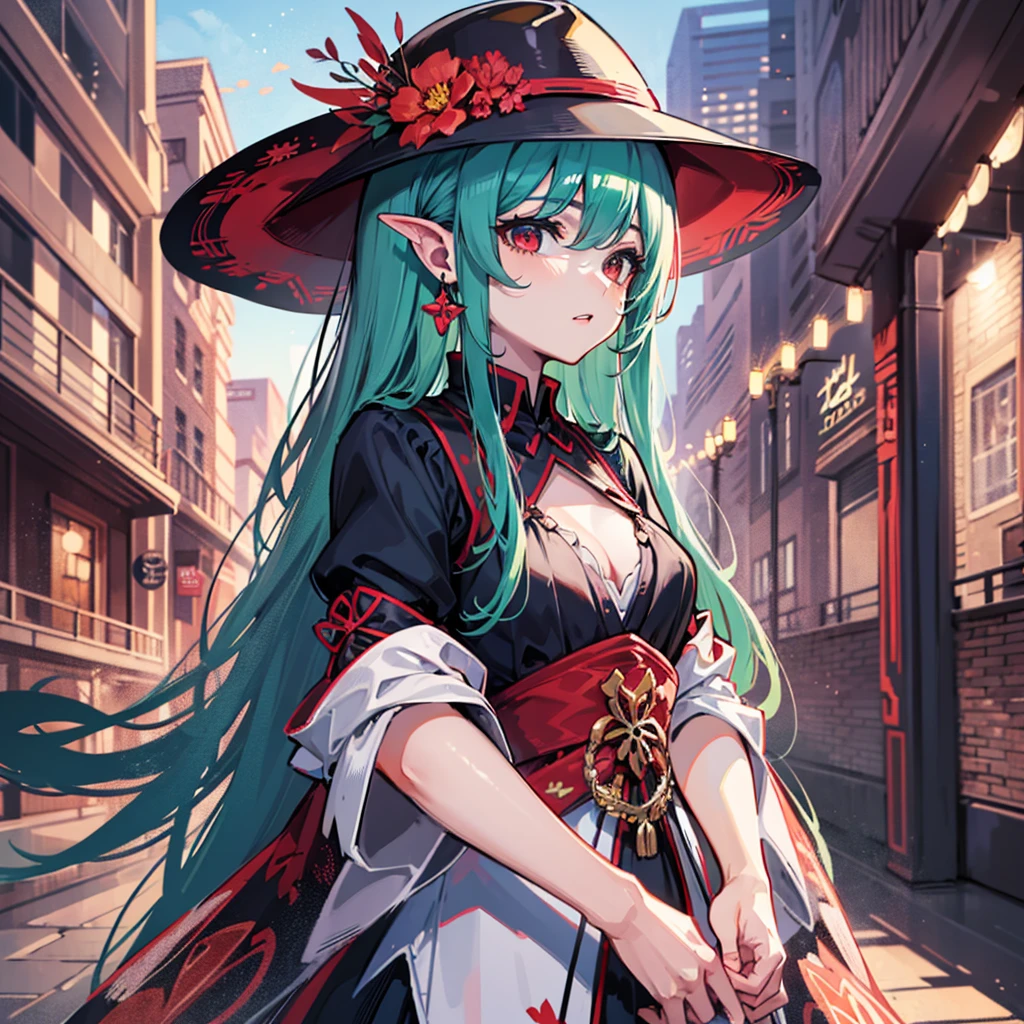 （（（masterpiece、Highest image quality、highest quality、highly detailed unity 8ｋwallpaper）））、（（Illustration of one girl））、（（emerald green long straight hair））、（（（Super tall）））、Red eyes、（（tuxedo、silk hat、cloaks））、（（morning、street corner））