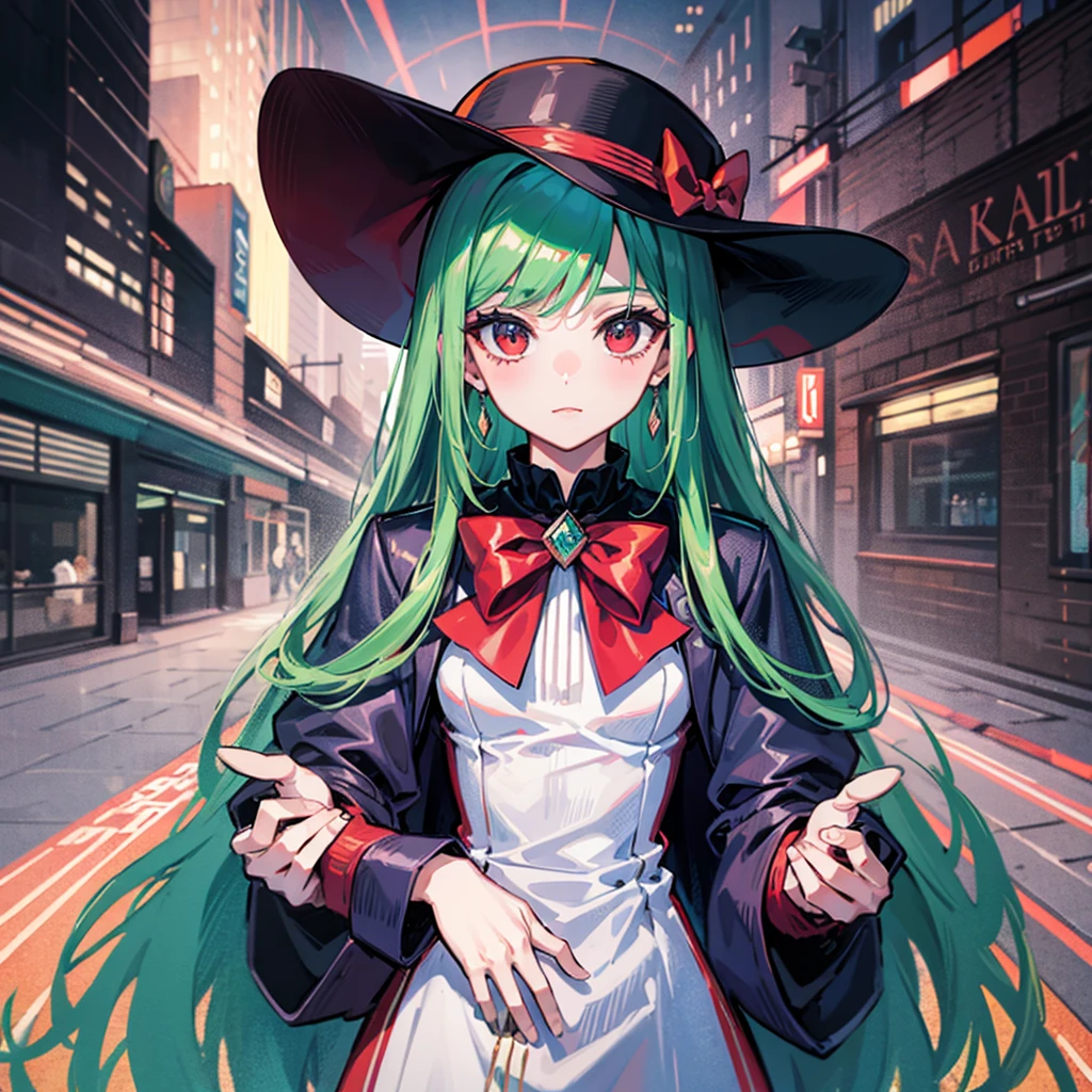 (((masterpiece、Highest image quality、highest quality、highly detailed unity 8kwallpaper)))、((Illustration of one girl))、((emerald green long straight hair))、(((Super tall)))、Red eyes、((tuxedo、silk hat、cloaks))、((morning、street corner))