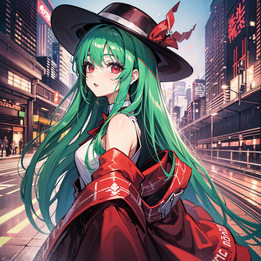 (((masterpiece、Highest image quality、highest quality、highly detailed unity 8kwallpaper)))、((Illustration of one girl))、((emerald green long straight hair))、(((Super tall)))、Red eyes、((tuxedo、silk hat、cloaks))、((morning、street corner))