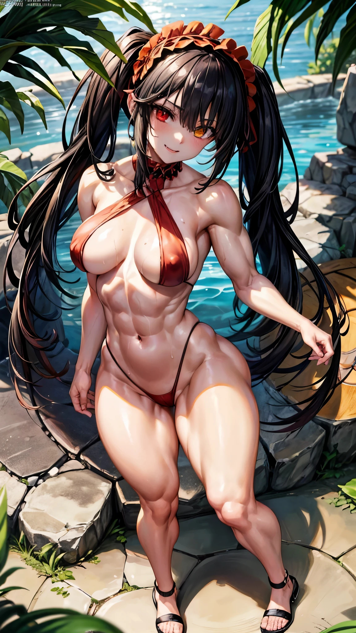 1 girl, bare shoulders, black hair, medium breasts, (muscular legs), (((bare legs))), white skin, muscular belly, wide hips, thin waist, (((clock eyes))), in the pool with the hot sun, (naked showing her sexy muscles))), full body, hair band, (((all wet))), (Standing), Heterochromia, black high heel shoes, lolita hair band, hair long, red eyes, Mischievous smile, (Evil gaze), only, symbol-shaped pupils, (Kurumi tokisaki), (twintails), yellow eyes