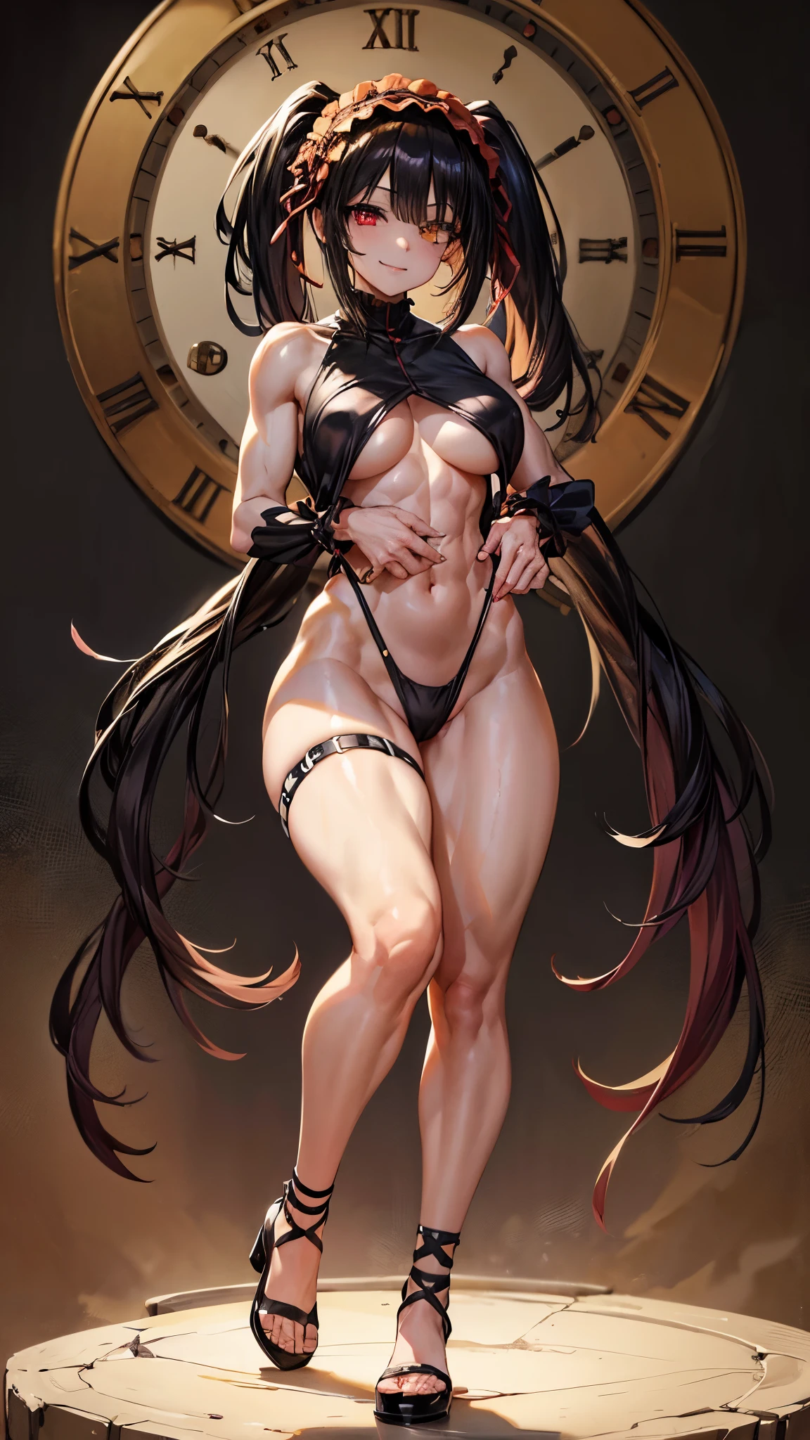 1 girl, bare shoulders, black hair, medium breasts, (muscular legs), (((bare legs))), white skin, muscular belly, wide hips, thin waist, (((clock eyes))), in the pool with the hot sun, (naked showing her sexy muscles))), full body, hair band, (((all wet))), (Standing), Heterochromia, black high heel shoes, ta hair band, hair long, red eyes, Mischievous smile, (Evil gaze), only, symbol-shaped pupils, (Kurumi tokisaki), (twintails), yellow eyes
