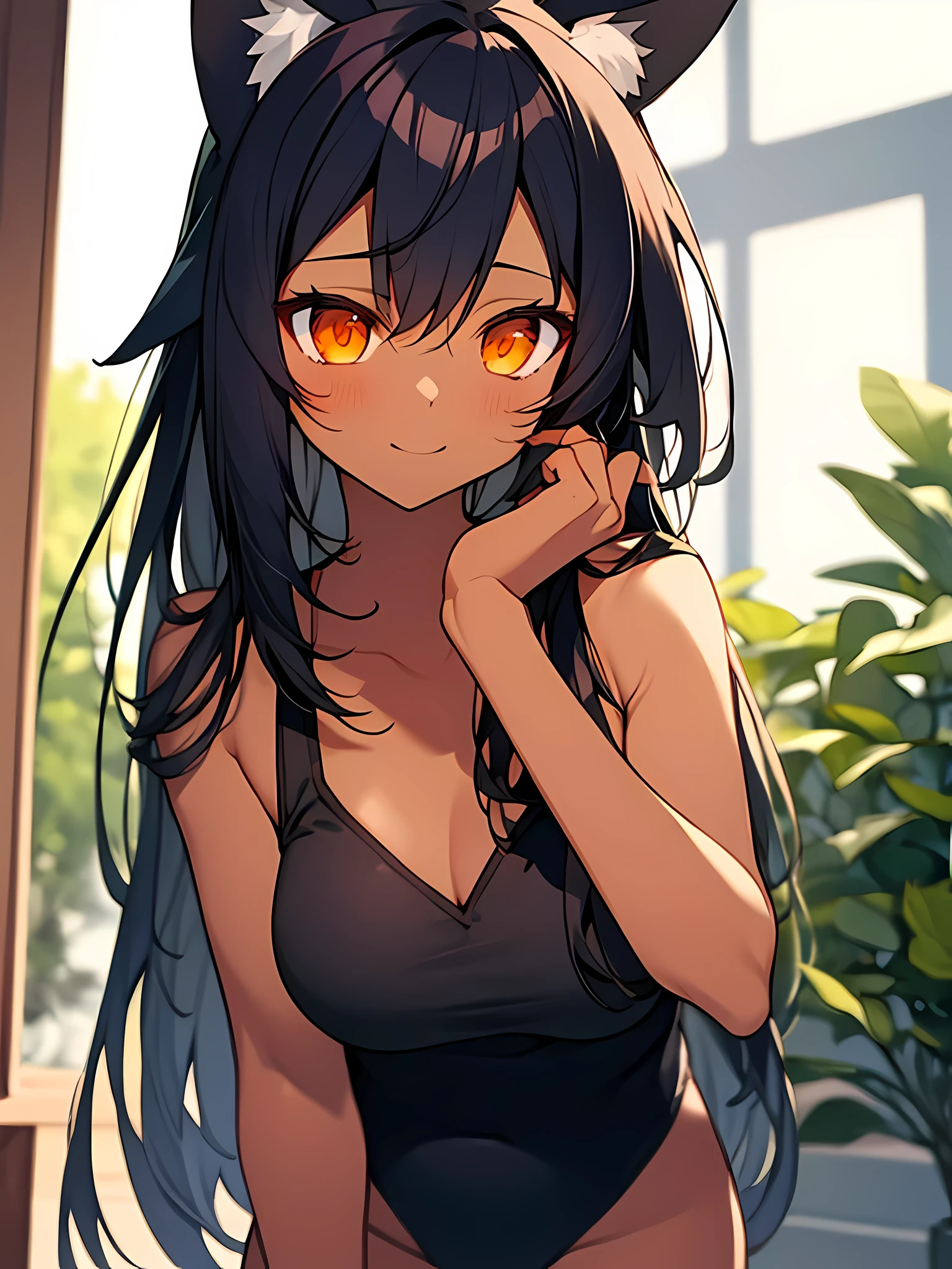 (animal ears), indigo hair, orange eyes, (masterpiece), (best quality), (Super detailed), more_detail:-1, more_detail:0, more_detail:0.5, more_detail:1, more_detail:1.5, tan, dark skin, The Outer World Artificial Intelligence, glow