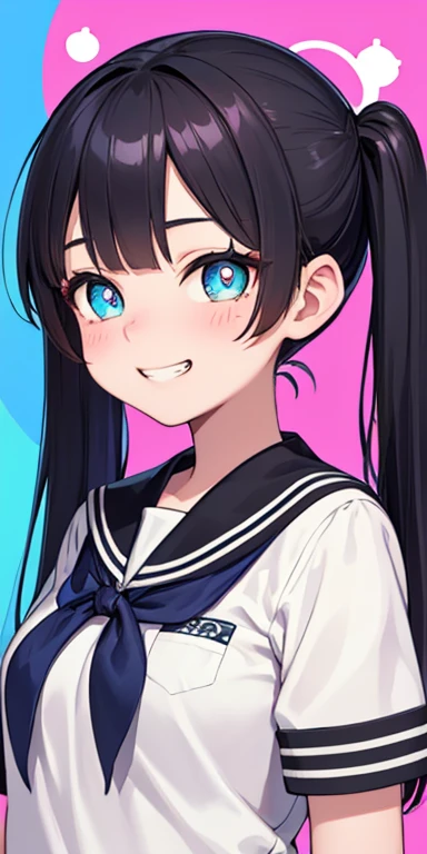 baby face, (colorful fluorescence multicolored  hair:1.5,short twintails:1.5,messy hair), (masterpiece, sidelights, exquisite beautiful eyes: 1.5), masterpiece*portrait, realistic, {(Colorful splash background of different colors:1.5)},colorful,3D face,(cute face),front view: 1.6、 (glowing blue eyes:1.2),plump face:1.5,(tareme:1.5)、(grin:1.2),Rosy Mouth,Slim Body, shiny hair, shiny skin: 1.5、medium breasts,、solo,(stand)、(high school girl,school uniform)、(charactor focus:1.5、portlate:1.5、eye focus:1.5,upper body),heart shaped pupils:1.5,(My eyes are sparkling:1.5)
