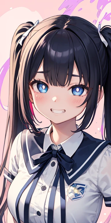 baby face, (colorful fluorescence multicolored hair:1.5,short twintails:1.5,messy hair), (masterpiece, sidelights, exquisite beautiful eyes: 1.5), masterpiece*portrait, realistic, {(Colorful splash background of different colors:1.5)},colorful,3D face,(cute face),front view: 1.6、 (glowing blue eyes:1.2),plump face:1.5,(tareme:1.5)、(grin:1.2),Rosy Mouth,Slim Body, shiny hair, shiny skin: 1.5、medium breasts,、solo,(stand)、(high school girl,school uniform)、(charactor focus:1.5、portlate:1.5、eye focus:1.5,upper body),heart shaped pupils:1.5,