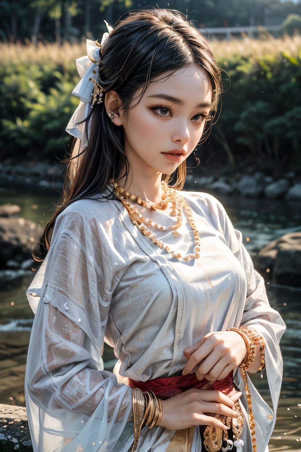 1 girl, solo, beautiful girl, pretty eyes and face, long hair, MMTD Burmese patterned traditional dress, pearl necklace and gold bracelets, standing, river background, dramatic light, golden hour setting, photo, realistic photo, masterpiece, best quality, ultra detailed, 8k