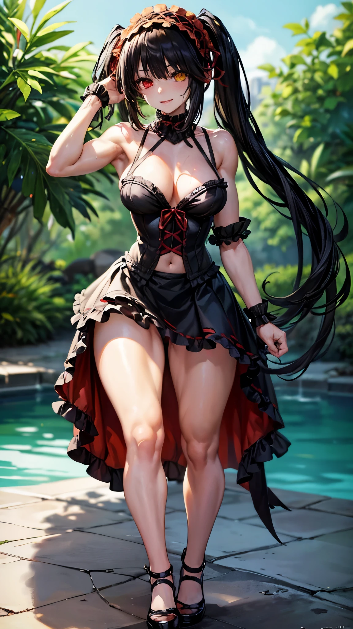 1 girl, bare shoulders, black hair, medium breasts, (muscular legs), (((bare legs))), white skin, muscular belly, wide hips, thin waist, (((clock eyes))), in the pool with the hot sun, (naked showing her sexy muscles))), full body, hair band, (((all wet))), (Standing), Heterochromia, black high heel shoes, ta hair band, hair long, red eyes, Mischievous smile, (Evil gaze), only, symbol-shaped pupils, (Kurumi tokisaki), (twintails), yellow eyes
