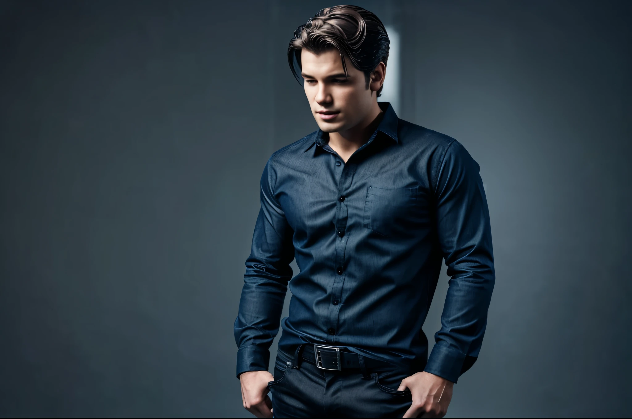 full body of a boy singing wearing black shirt, blue jean