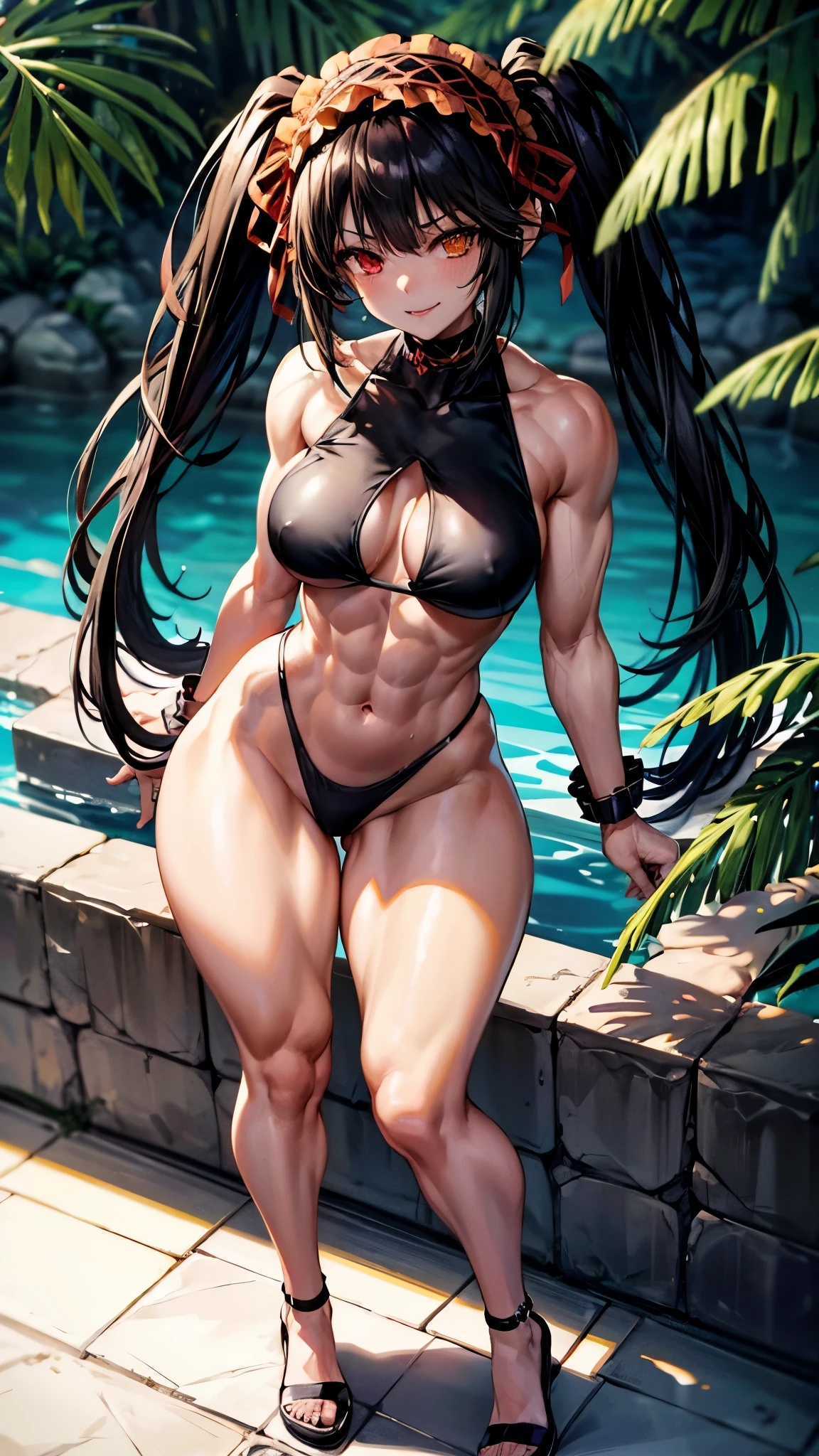 1 girl, bare shoulders, black hair, medium breasts, (muscular legs), (((bare legs))), white skin, muscular belly, wide hips, thin waist, (((clock eyes))), in the pool with the hot sun, (naked showing her sexy muscles))), full body, hair band, (((all wet))), (Standing), Heterochromia, black high heel shoes, ta hair band, hair long, red eyes, Mischievous smile, (Evil gaze), only, symbol-shaped pupils, (Kurumi tokisaki), (twintails), yellow eyes