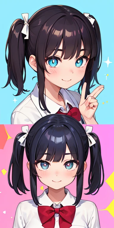, (colorful fluorescence multicolored hair:1.5,short twintails:1.5,messy hair), (masterpiece, sidelights, exquisite beautiful eyes: 1.5), masterpieceportrait, realistic, {(Colorful splash background of different colors:1.5)},colorful,3D face,(cute face),front view: 1.6、 (glowing blue eyes:1.2),plump face:1.5,(tareme:1.5)、(shy smile:1.2),Rosy Mouth,Slim Body, shiny hair, shiny skin: 1.5、medium breasts,、solo,(stand)、(high school girl,school uniform)、(charactor focus:1.5、portlate:1.5、eye focus:1.5,upper body),heart shaped pupils:1.5,
