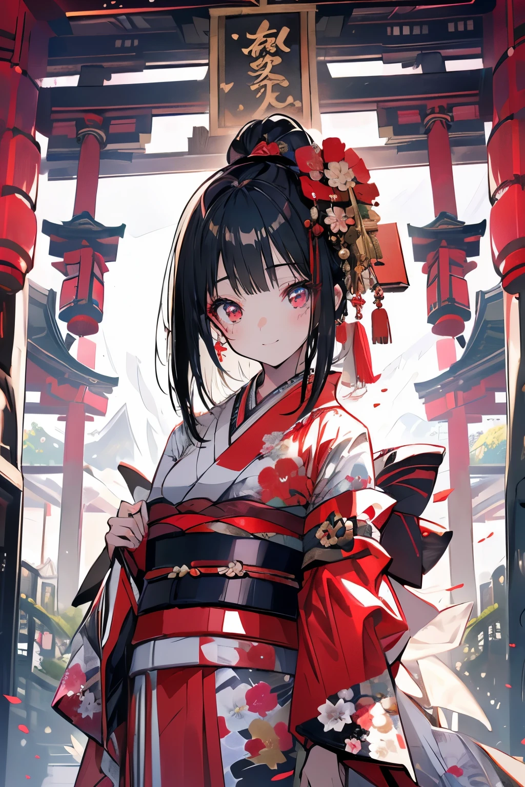 (masutepiece), (best quality), very detailed, 1 girl, solo focus,perfect face, pretty face, very detailed顔,(A dark-haired:1.3),(red eyes:1.3),Light,smile,New Year,(kimono:1.4),shrines