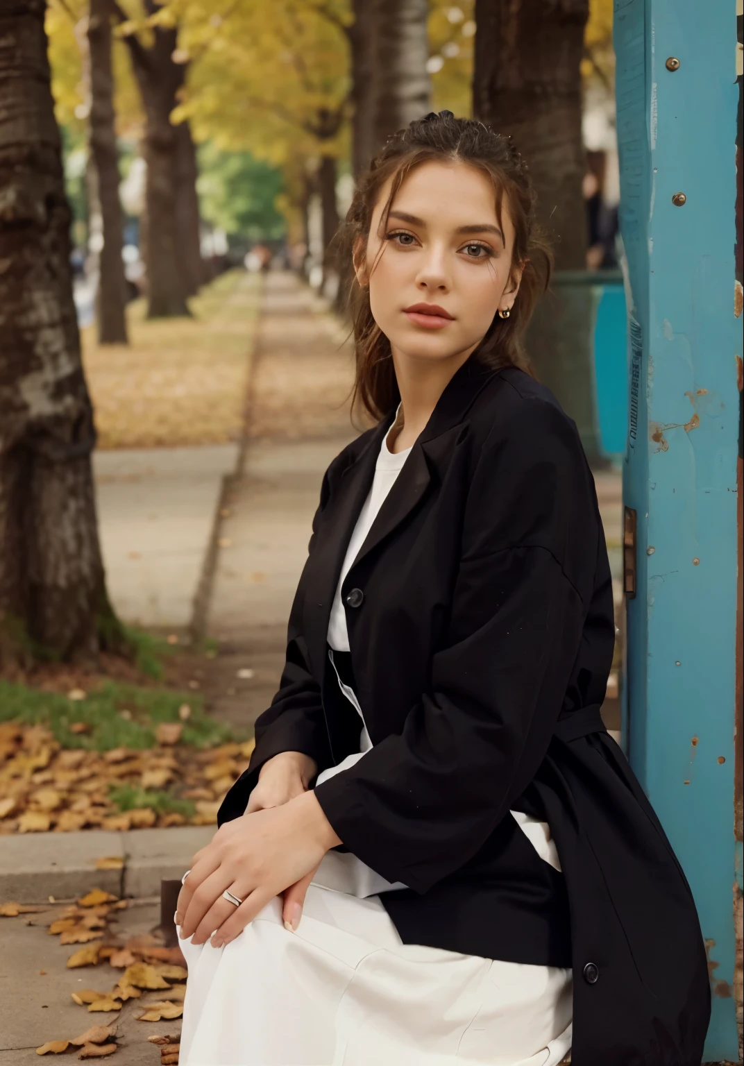Arafed woman sitting on a bench in a park with a blue pole - SeaArt AI