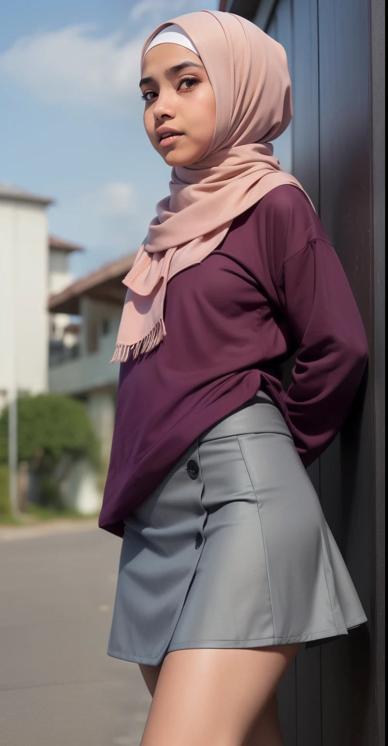 ((HIJAB MALAY GIRL)), ((masutepiece, Best Quality, hight resolution, nffsw, Perfect Pixel,  4K, nffsw, nffsw))), (The wind flipped my tigh mini skirt and exposed my butt), Dark skin 12 years old little girl, Flat Chest & wide butts