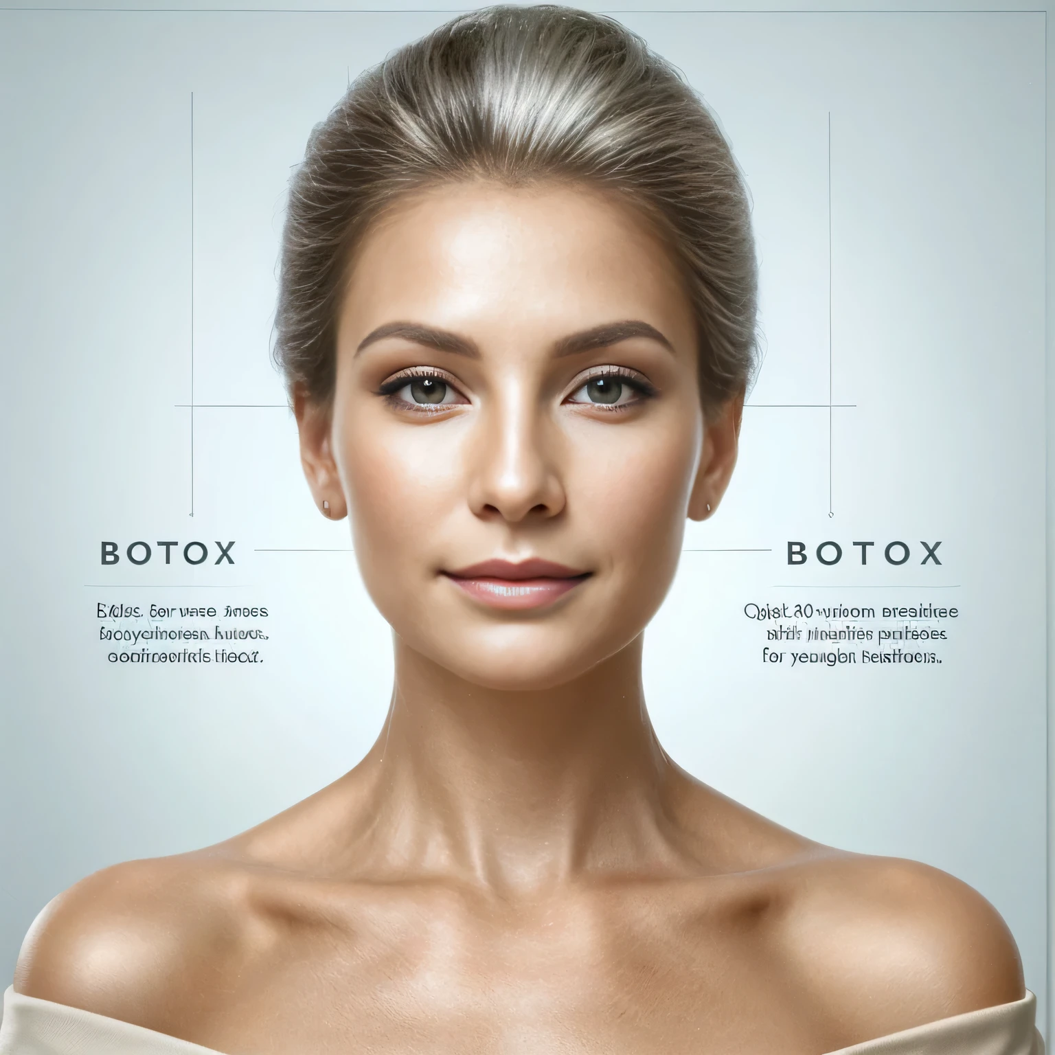 The image features a middle-aged woman with a youthful, radiant complexion, embodying a modern and elegant look. She is set against the backdrop of an aesthetic clinic, which is designed with a sleek, modern decor. The clinic setting includes subtle elements of medical equipment or furnishings, suggesting a professional and high-quality environment.
Prominently displayed in the image is the text: "Botox: $425 for Three Areas - Forehead, Between Brows, Crow’s Feet. Quick 30-minute procedure with premium products for a youthful, refreshed look." This text is in a bold and modern font, making it stand out against the clinic background, ensuring it catches the viewer's attention.
The overall ambiance of the image is luxurious, professional, and inviting, blending the clinical setting with the beauty and effectiveness of the Botox treatment, aimed at appealing to a contemporary audience.