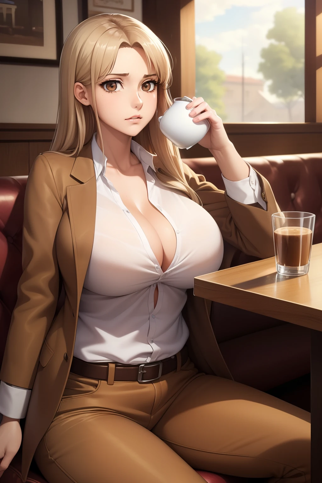 ((masterpiece, best quality:1.4)), illustration, 8k, hd, cowboy shot, anime style, detail face, detail eyes, rich girl, cafe, brown shirt, brown coat, brown trousers, (massive boobs), long white hair, brown eyes, mature, sad, ((lifeless eyes, bland eyes)), depressed, sitting, drinking coffe